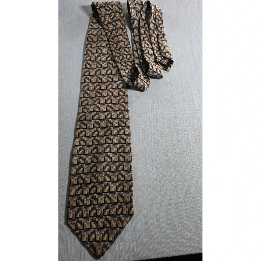 Barrington Mens Geometric Silk Blend Tie Blue Gold Tan Patterned Necktie